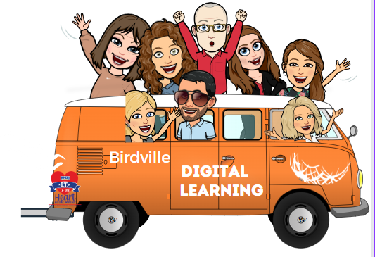 Digital learning staff bitmojis in a van